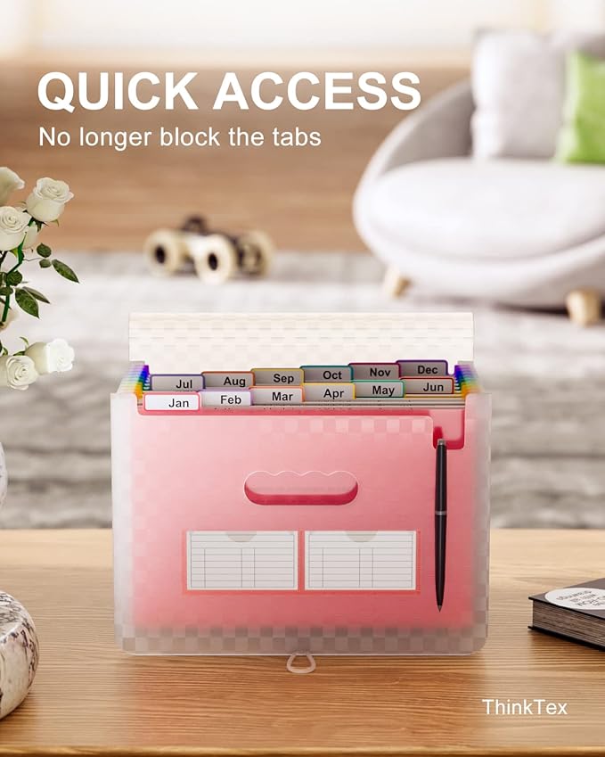 ThinkTex Accordian File Organizer, 12 Pockets Expanding File Folders, Portable Monthly Bill Receipt Organizer, Colorful Tabs, Letter/A4 Size - Pink