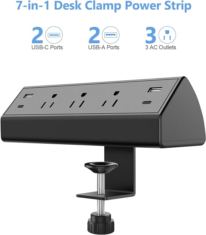 Desk Clamp Power Strip USB C,Desktop Mount Surge Protector,40W Fast Charging Station,2 PD 20W USB C Ports,3 Outlets,6FT Flat Plug,Desk Edge Power Strip for Home,Office,Fit 1.96" Tabletop Edge