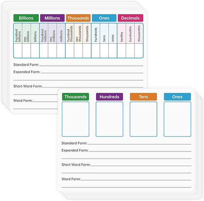 10 Pack Dry Erase Place Value Whiteboard Card,9" x 12" Double Sided Dry Erase Boards for Kids for Teaching Place Values from Billions to Decimal Numbers,Math Manipulatives White Board for Students