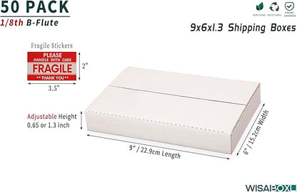 DVD Shipping Boxes 9"L x 6"W x 1.3"H Easy-Fold Small Box for Mailing, Storing, Package, Gifts, Crafts, Business or Home, with Fragile Stickers, White, 50-Pack