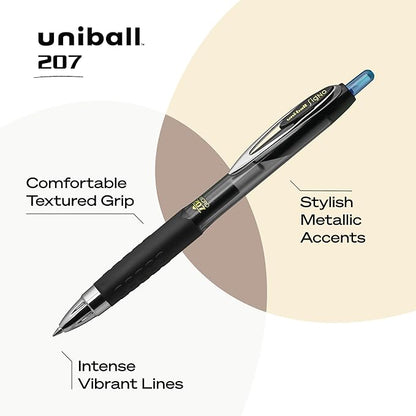 Uni-Ball® 207™ Retractable Fraud Prevention Gel Pens, Micro Point, 0.5 mm, Black Barrels, Blue Ink, Pack Of 12