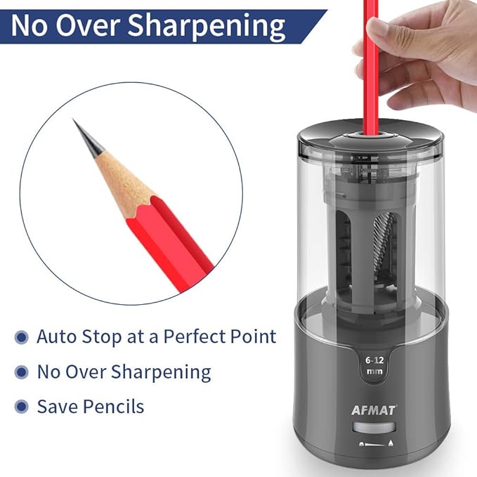 AFMAT Electric Pencil Sharpener, Pencil Sharpener for Colored Pencils, Auto Stop, Super Sharp & Fast, Electric Pencil Sharpener Plug in for 6-12mm No.2/Colored Pencils/Office/Home-Gray