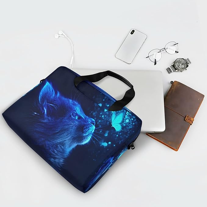 Cat Butterfly Light Blue Laptop Messenger Bag Case Sleeve Briefcase for Men Women