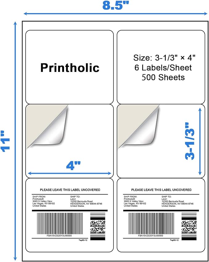 6 Per Sheet Label Address Labels 3-1/3" x 4" Self Adhesive Sheets Shipping Labels Easy Peel & Feed White Stickers for Laser & Inkjet Printers (500 Sheets, 3000 Labels)