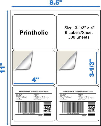 6 Per Sheet Label Address Labels 3-1/3" x 4" Self Adhesive Sheets Shipping Labels Easy Peel & Feed White Stickers for Laser & Inkjet Printers (500 Sheets, 3000 Labels)