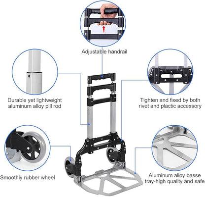 Folding Hand Truck, 165lbs Capacity Lightweight Portable Folding Dolly Multi-fuctional Foldable Hand Cart Heavy Duty Utility Cart for Home Shopping Office and Travel Use (Black 2 TPR Wheels)