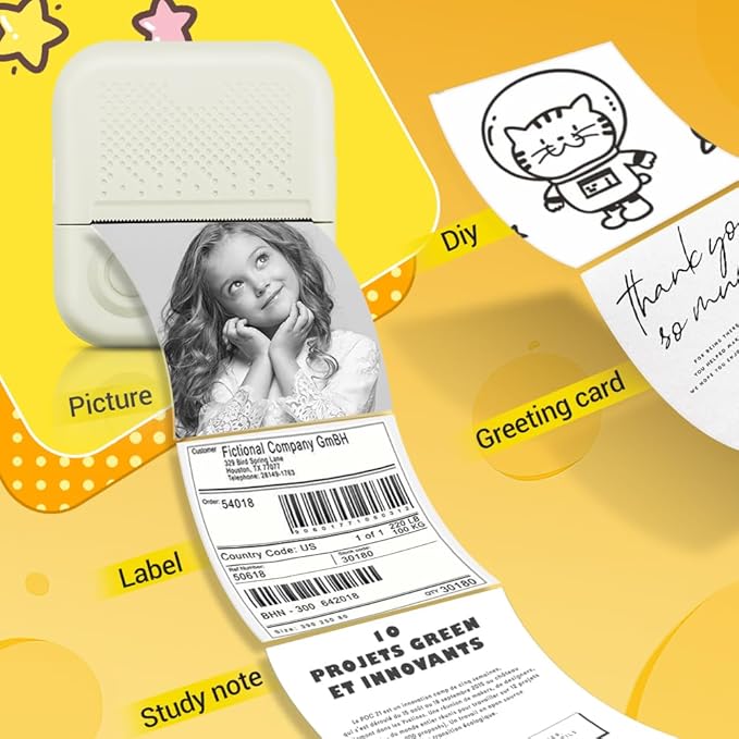 Sticker Printer,Thermal Printer Label Maker with 3 rolls Paper, Portable Mini Wireless Bluetooth Inkless Printer, Recharge Pocket Sticker Maker,Small Printer for Photo,Scrapbook Supplies, White