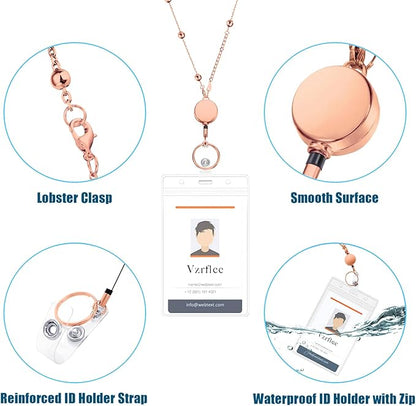 Retractable Badge Reel Lanyard with 2 Pieces ID Holder for Women, Fashion Beaded Chain Premium Stainless Steel Lanyard Necklace Water Resistant Name Badge Holder