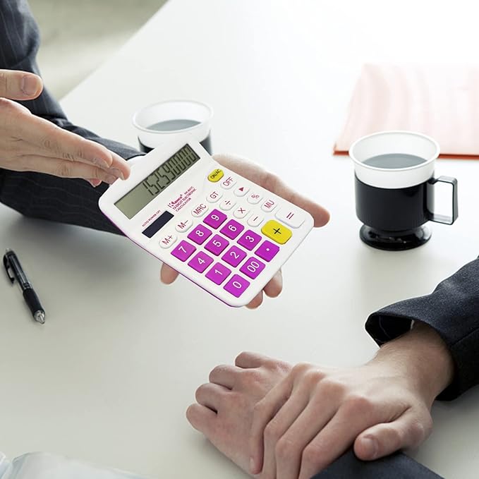 QPEY Calculators, 12-Digit Battery Office Basic Desk Desktop Calculators with Large LCD Display Big Sensitive Button (Pink)