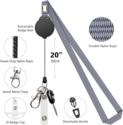 6 Pack Retractable Badge Lanyards and ID Badge Holder, Strap Lanyard with Swivel Metal Clasp for Badge Holders, Keychains, Offices, Staff, Students, Employees, Grey