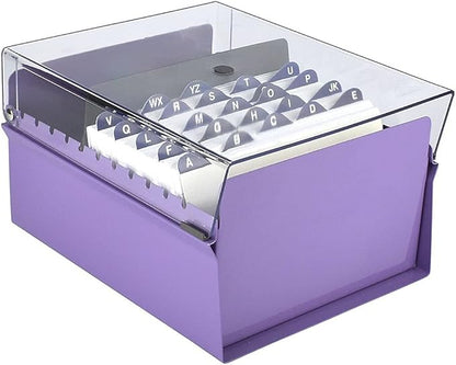 Acrimet 5 X 8 Card File Holder Organizer Metal Base Heavy Duty (AZ Index Cards and Divider Included) (Purple Color with Clear Crystal Plastic Lid Cover)