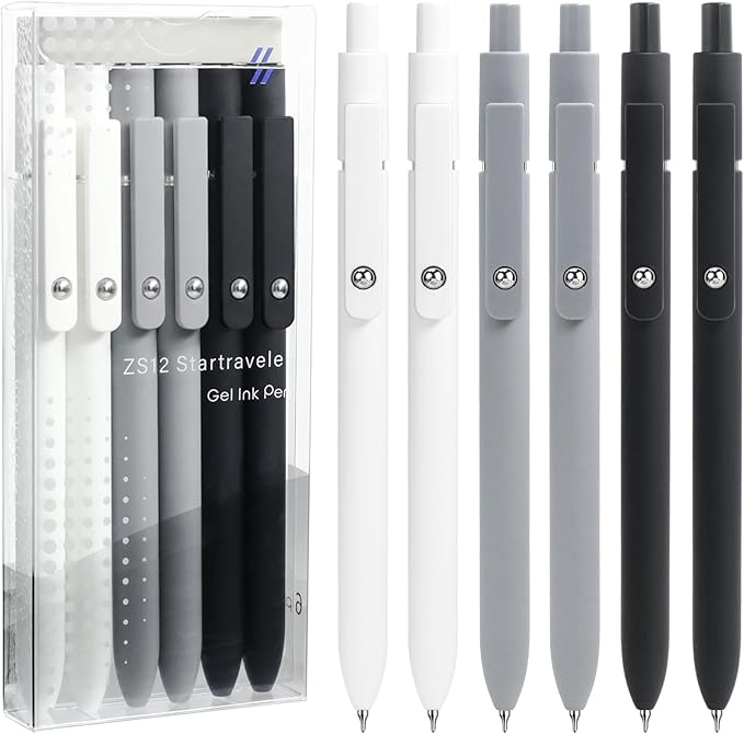 UIXJODO 6 Pcs Gel Pens 0.5mm Quick Dry Black Ink Pens Fine Point Smooth Writing Pens, Cute Office and School Supplies Gifts for Women Teacher Students (6 Pcs Black White Grey Silver)