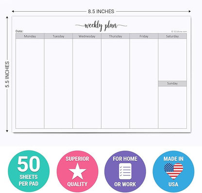 321Done Weekly Planning Notepad Landscape - 50 Sheets (8.5" x 5.5") - Horizontal Weekly Days of Week Paper Note Pad, Planner Organizing - Made in USA - Simple Script