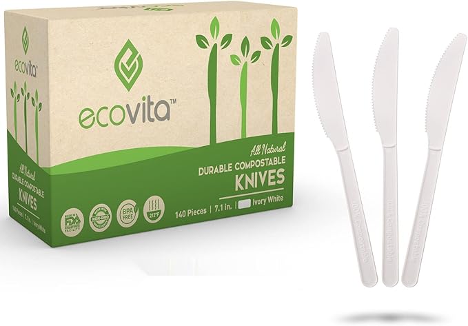 100% Compostable Knives - 140 Large Disposable Utensils (7 in.) Eco Friendly Durable and Heat Resistant Alternative to Plastic Knives with Convenient Tray