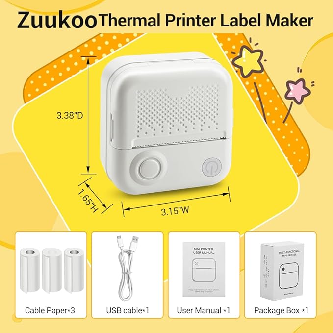 Sticker Printer,Thermal Printer Label Maker with 3 rolls Paper, Portable Mini Wireless Bluetooth Inkless Printer, Recharge Pocket Sticker Maker,Small Printer for Photo,Scrapbook Supplies, White
