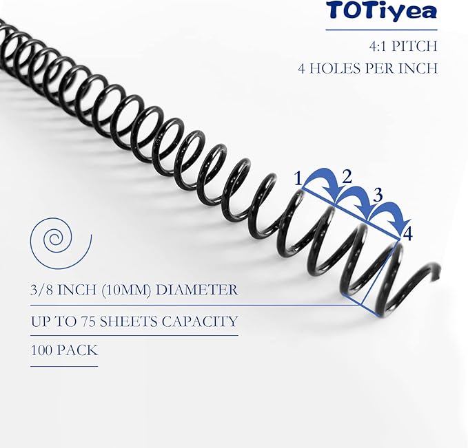 TOTiyea 100 Pack Plastic Spiral Binding Coils,10mm(3/8") Binding Spirals,75 Sheet Capacity,4:1 Pitch, Black