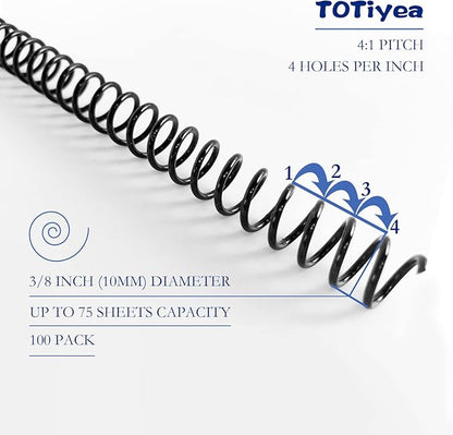 TOTiyea 100 Pack Plastic Spiral Binding Coils,10mm(3/8") Binding Spirals,75 Sheet Capacity,4:1 Pitch, Black