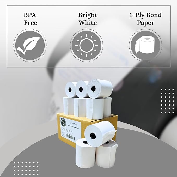 3" x 150' 1-Ply Bond Receipt Paper Rolls - For Kitchen Printers-TMU200 SRP275 Star SP700 - Darker & Clearer Prints - Efficiently for Kitchen Tickets & Order Receipts (12 Rolls)