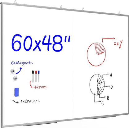 60"X 48" Large Magnetic Dry Erase Whiteboard, Wall Hanging Board with 4 Pens & 1 Dry Erasers & 6 Magnets, Sliver Aluminum Frame White