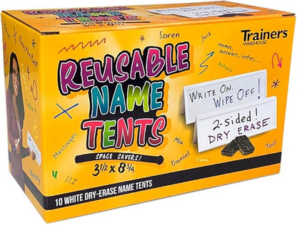 Trainers Warehouse Heavy Duty Premium Space-Saver Reusable Name Cards, White, Dry-Erase Tent, 8.75" x 3" (30)