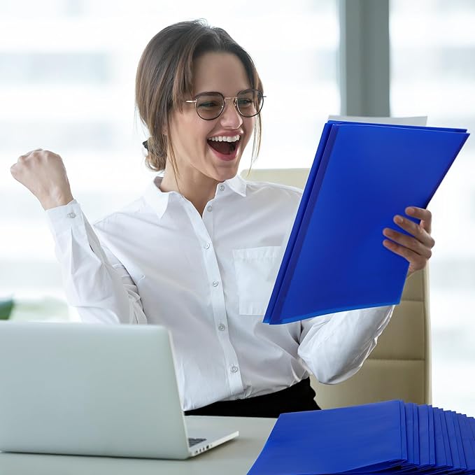 Cholemy 6 Pcs Plastic Pocket Folders with Prong 2 Heavy Duty Pockets Folders with 3 Prongs Letter Size Paper Folders Bulk File Plastic Folders with Fasteners for Office Workers (Blue)