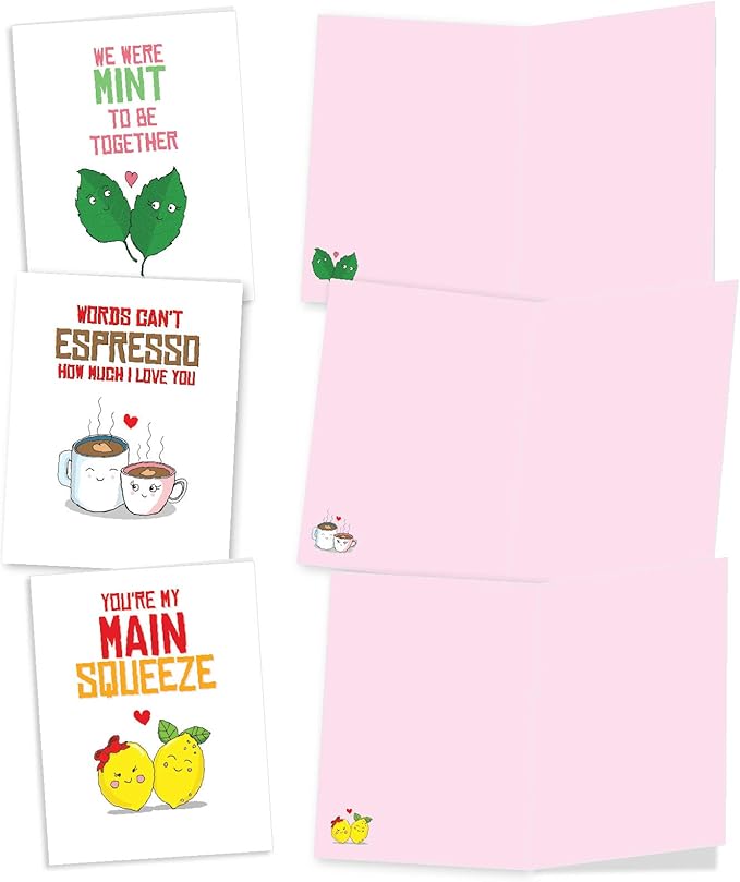 The Best Card Company - 10 Funny Assorted Blank Humor Notecards Box Set 4 x 5.12 Inch w/Envelopes Loving Cartoons for Men, Women (10 Designs, 1 Each) - Romantic Yummy Puns M5659OCB-B1x10