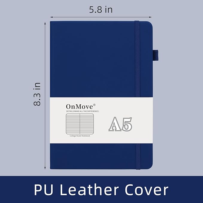 Lined Notebook Journal for Women Men 200 Pages A5 Hardcover Leather with Pen Holder College Ruled Journals for Work Note Taking Travel School (Lined, Navy)