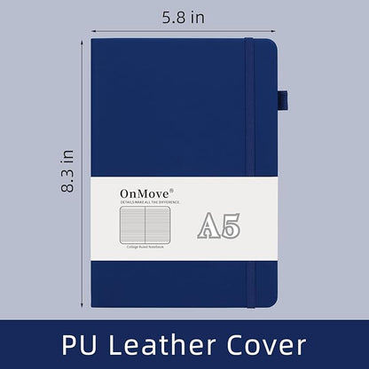 Lined Notebook Journal for Women Men 200 Pages A5 Hardcover Leather with Pen Holder College Ruled Journals for Work Note Taking Travel School (Lined, Navy)