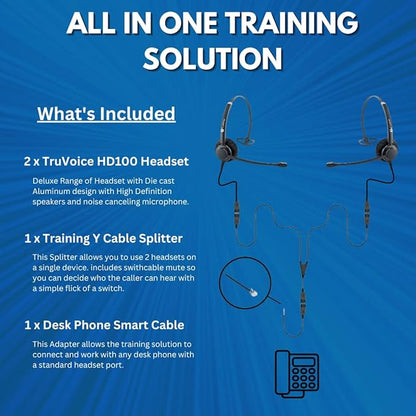 TruVoice Headset Training Solution for Phones (Includes 2 x HD-100 Professional Single Ear Headsets with NC Microphone, Training Cord and Smart Lead - Works with 99% of Phones with Headset Port)