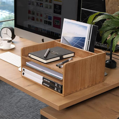 3 Tier Desktop Letter Tray for Office Desk Organizer and Accessories - Wood File Folder Holder for Paper Document Organizer Mail Sorter Workspace Counter Storage Book Shelf Light WJJ3K-LT