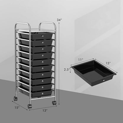 Storage Cart, Rolling Utility Cart with 10 Drawers, Portable Handles & Lockable Wheels, Mobile Paper Toys Storage Organizer Large Capacity for Home Office School Teacher (Black)