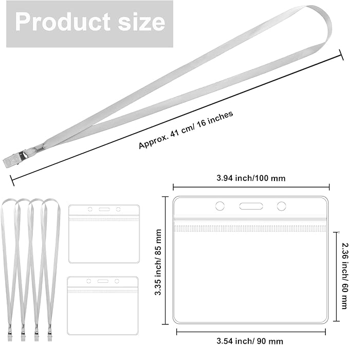 100 Pcs Lanyards for ID Badges and 100 Pcs Clear Name Tag Holders Reusable Lanyard with Clip Plastic ID Card Badge Holder Name Badges for Adults Kids Business School Office Supplies (Gray)