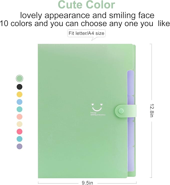 Forvencer Accordion File Organizer, Letter Size, 5 Pocket Expanding File Folder, Cute File Folder with Labels, Portable File Organizer for School Office Supplies, Folders for Documents, Green
