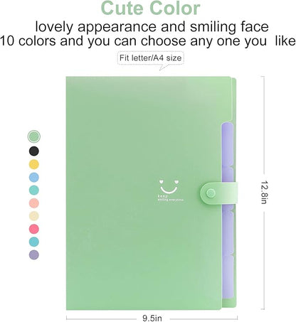 Forvencer Accordion File Organizer, Letter Size, 5 Pocket Expanding File Folder, Cute File Folder with Labels, Portable File Organizer for School Office Supplies, Folders for Documents, Green