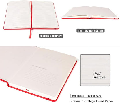 Comix 6 Pack Lined Journal Notebooks for Work, 240 Pages, 5.5"x8.3", Red, Hardcover, A5 Medium College Ruled, Journaling Notebooks for Notes-Taking, Fits for Office School Home