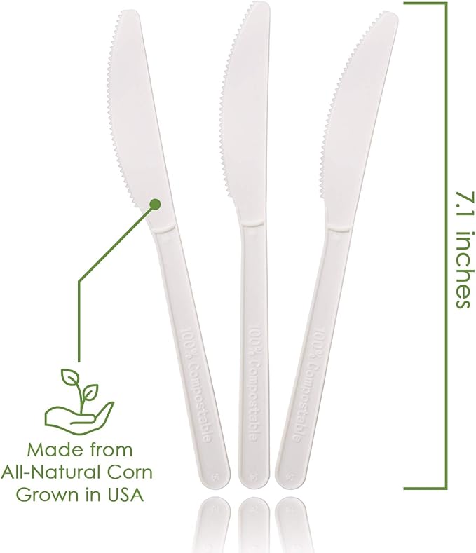 100% Compostable Knives - 500 Large Disposable Utensils (7 in.) Bulk Size Eco Friendly Durable and Heat Resistant Alternative to Plastic Knives with Convenient Tray