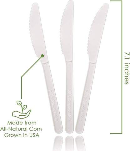 100% Compostable Knives - 500 Large Disposable Utensils (7 in.) Bulk Size Eco Friendly Durable and Heat Resistant Alternative to Plastic Knives with Convenient Tray