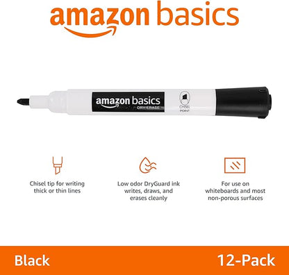 Amazon Basics 12-Pack Low-Odor Chisel Tip Dry Erase Whiteboard Markers, Black
