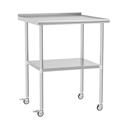 Stainless Steel Table with Wheels 30 x 30 Inches Metal Prep Table with Backsplash & Adjustable Undershelf, Stainless Table for Commercial Kitchen, Outdoor, Restaurant, Hotel & Garage