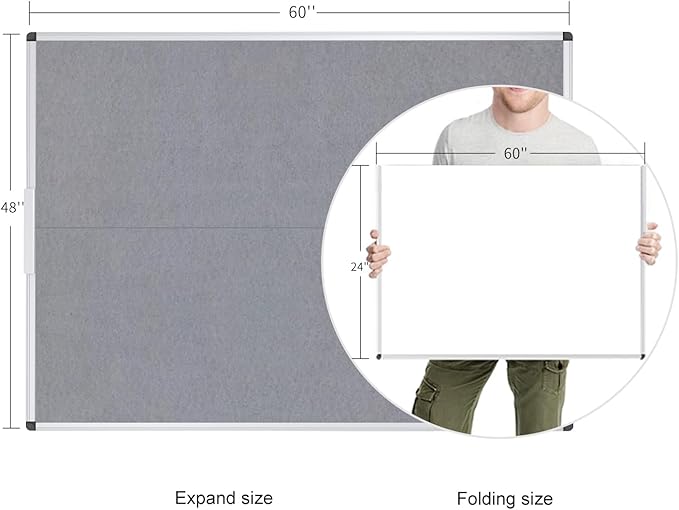 VIZ-PRO Large Fabric Bulletin Board/Foldable Notice Board Felt Gray, 60 X 48 Inches, Silver Aluminium Frame
