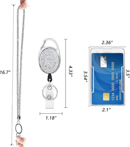 VIQWYIC Retractable ID Badge Holder with Bling Neck Strap Lanyard, Bling Badge Reel with Clear Card Holder for Office Worker Teacher Doctor (Silver)