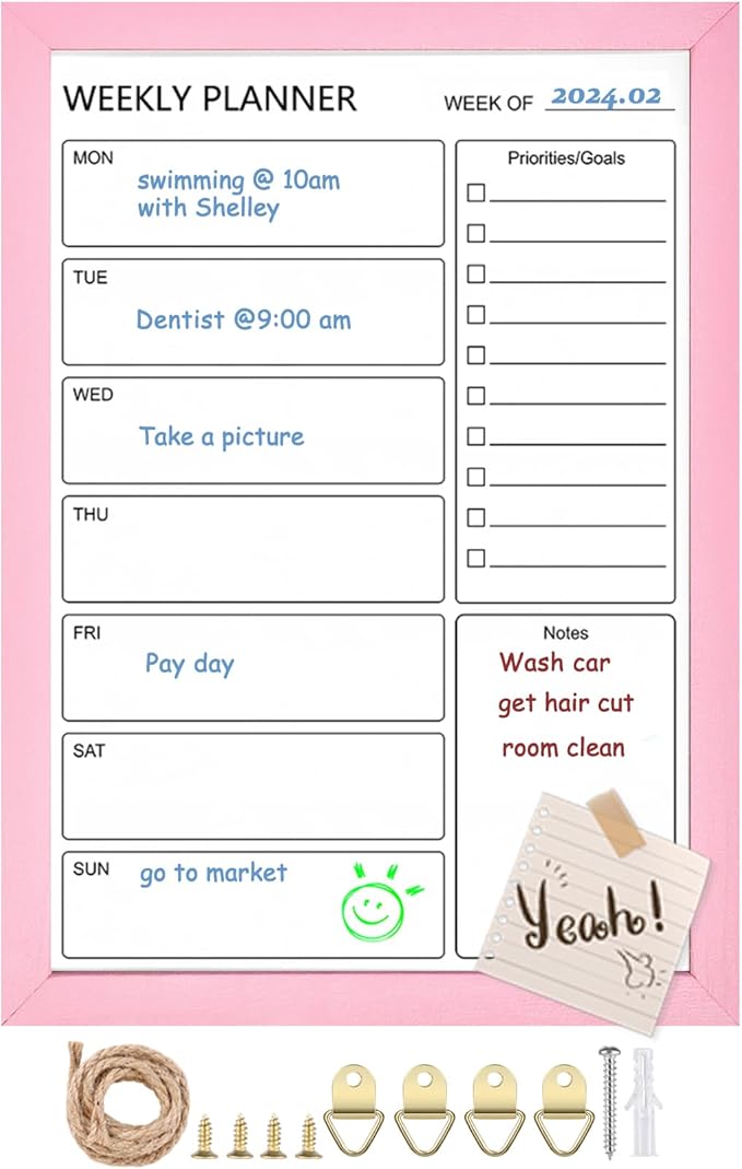 Dry Erase White Board Weekly Calendar Board, Magnetic Whiteboard for Wall,10.5“x14.5 Solid Wood Pink Framed Message Board, Planner Board for Office, Home, School(Weekly-BB-PK-2737)