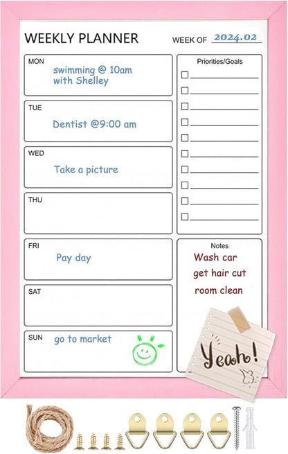 Dry Erase White Board Weekly Calendar Board, Magnetic Whiteboard for Wall,10.5“x14.5 Solid Wood Pink Framed Message Board, Planner Board for Office, Home, School(Weekly-BB-PK-2737)