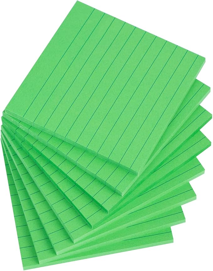 Vanpad Lined Sticky Notes 4x4 Inches, Big Green Ruled Self-Stick Pads, Easy to Post for Home, Office, Notebook, 8 Pads/Pack
