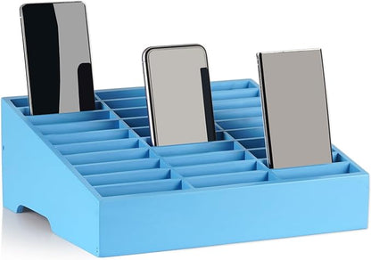 Wooden 30-Grid Cell Phones Storage Box Desktop Mobile Phone Holder Organizer for Office School Classroom (30-Grid Blue)