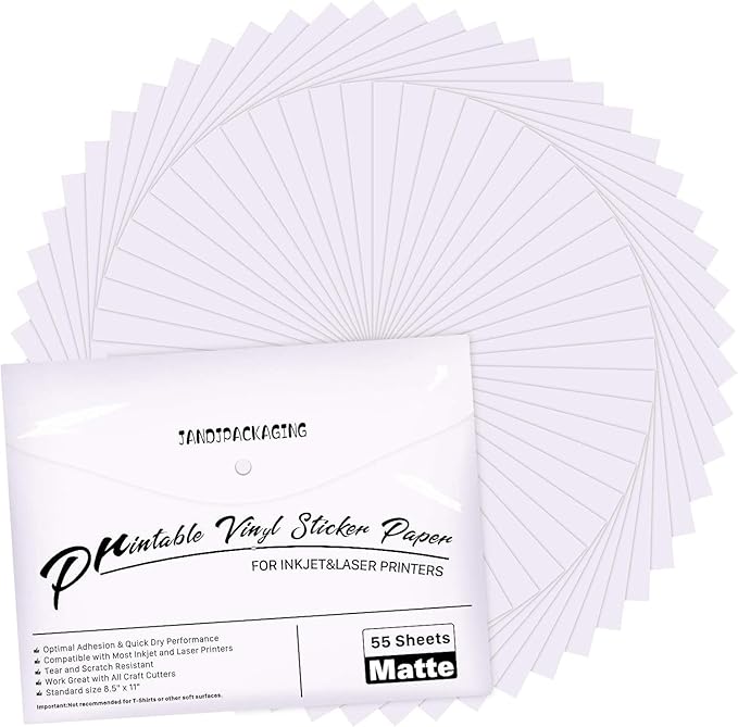 JANDJPACKAGING Printable Vinyl for Inkjet Printer - 55 Pack Matte White Printable Vinyl Sticker Paper Dries Quickly Vivid Colors, Holds Ink Well, Tear Resistant, Inkjet & Laser Printer(140 g)
