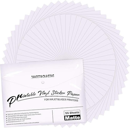 JANDJPACKAGING Printable Vinyl for Inkjet Printer - 55 Pack Matte White Printable Vinyl Sticker Paper Dries Quickly Vivid Colors, Holds Ink Well, Tear Resistant, Inkjet & Laser Printer(140 g)