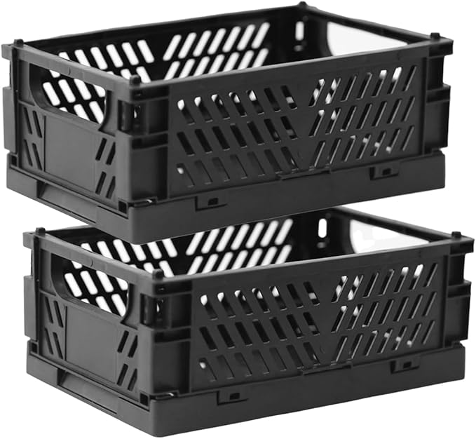 Tixill 2-Pack Mini Foldable Plastic Storage Box Mini Plastic Baskets for Organizing and Storage for Home Kitchen Bedroom Bathroom Office. (Black, 5.9x3.8x2.2)