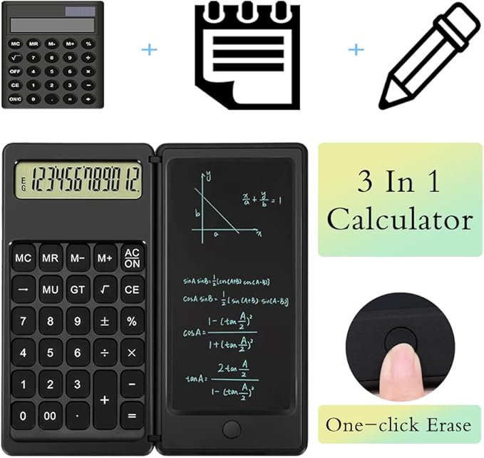 Desk Calculator, Desktop Small Calculator with Writing Notepad, Basic 4-Function Math Large Button Calculator, School Supplies for Kids, Middle/High School Students (Black)