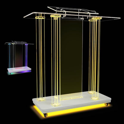 Acrylic Pulpits for Church with LED Lights 46" Tall Podium Stand with Wheels and Reading Platform, Clear Lectern for Speech, Classroom, Churches, Lecturn